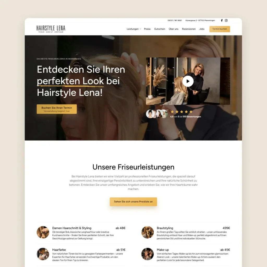 Startseite der Website von Hairstyle Lena in Memmingen mit Friseurleistungen und Preisen