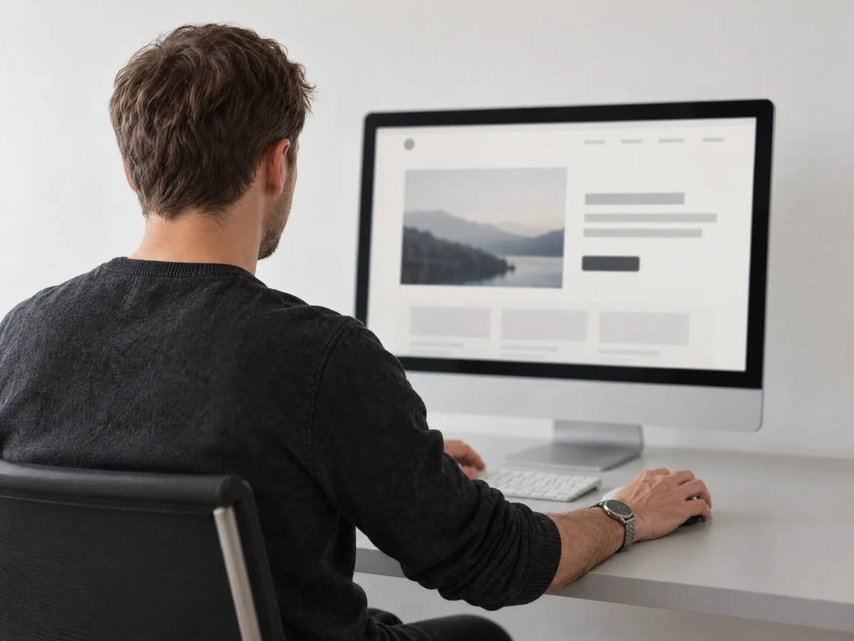 Mann sieht sich eine fertige Website auf einem großen Bildschirm an