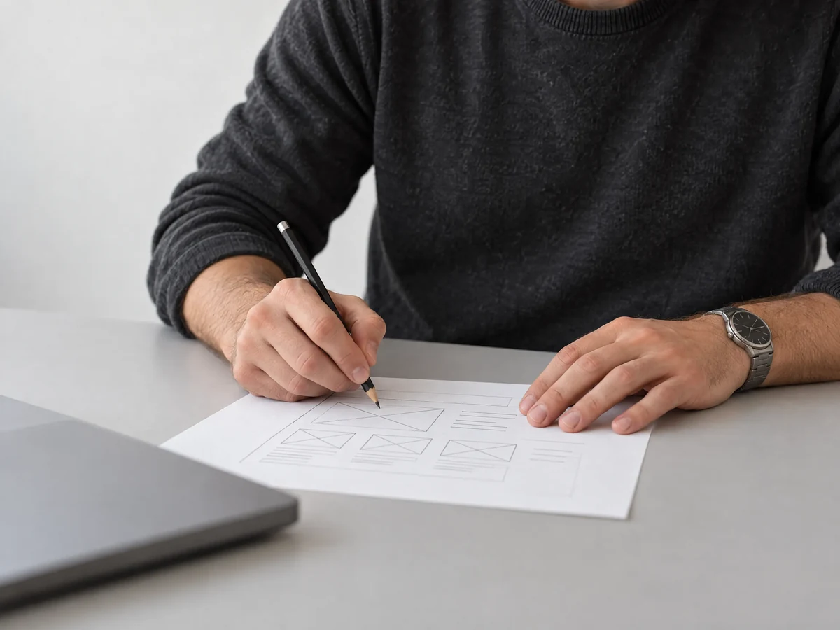 Hand skizziert den Aufbau einer Website auf einem Blatt Papier