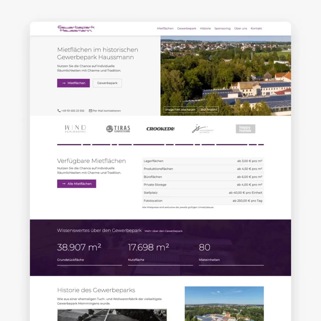 Startseite der Website des Gewerbepark Haussmann in Memmingen mit Luftbild und Mietflächen