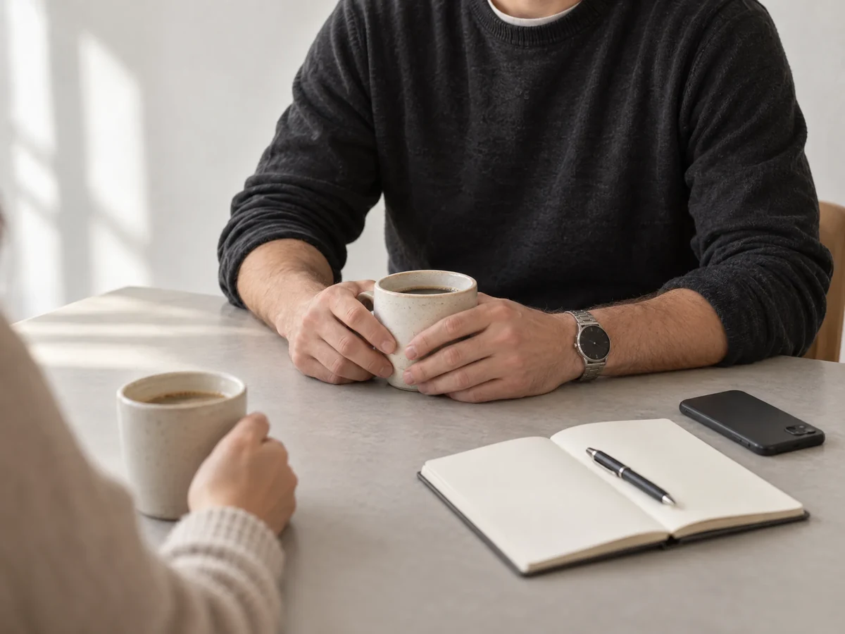 Zwei Personen im Gespräch am Tisch, mit Kaffee und Notizbuch
