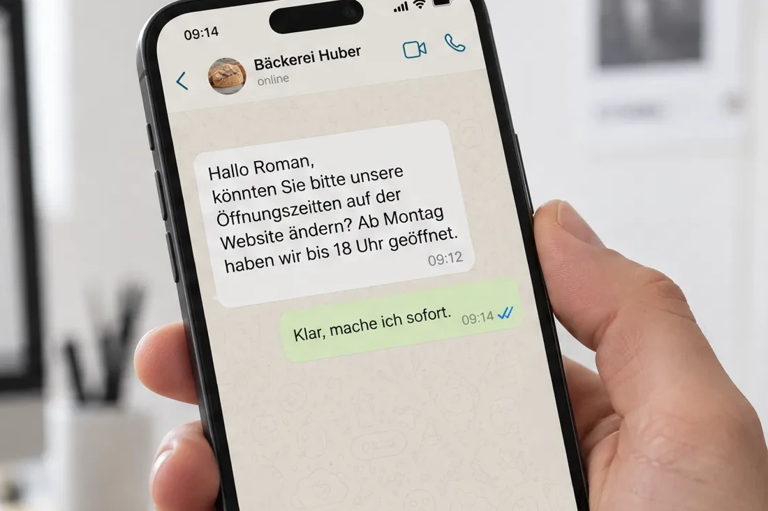 Smartphone mit WhatsApp-Chat: Eine Bäckerei bittet um neue Öffnungszeiten auf der Website