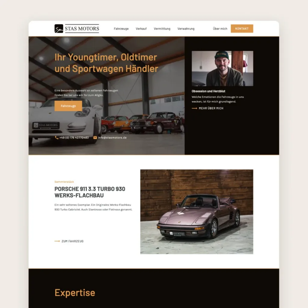Startseite der Website von STAS MOTORS in Aitrach mit Sportwagen und Oldtimern
